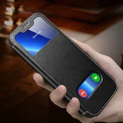 Smart View Window Flip Case for iPhone 16 15 14 13 12 11 Pro Max XR XS Plus Case Magnet Genuine Leather Free Answer Holder Cover
