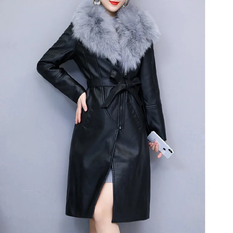 Winter Women Elegant Slim Long PU Leather Jacket Female Warm Artifical Fur Collar Manteau Femme Hiver Chaqueta Cuero Mujer Coat