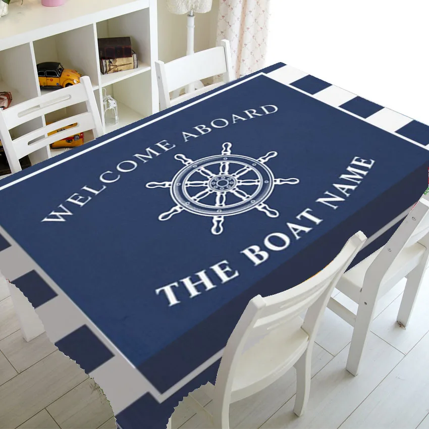 Chic Nautical Anchor Wheel Navy Blue Stripes Personalised Table Cover Cloth for Party Home Decor Custom Boat Name Tablecloth TV