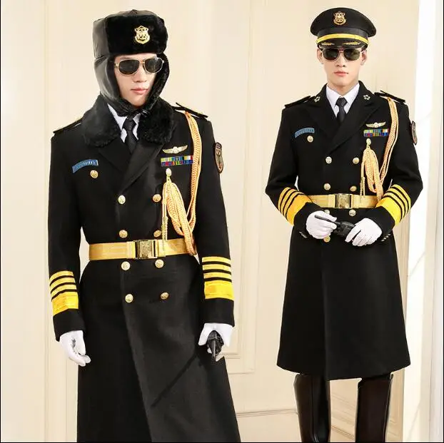 Security Guard Uniform Winter Wool Coat Men Hotel Doorman Military Overcoat Include Badge