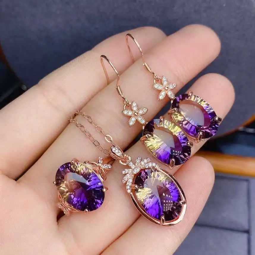 KJJEAXCMY fine Jewelry 925 sterling silver inlaid Ametrine new girl luxury pendant ring earring set hot selling Chinese style