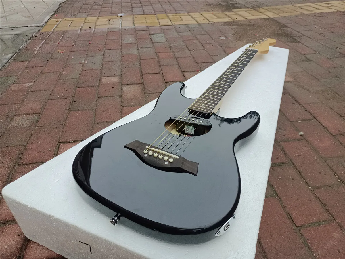 Semi-hollow Acoustic Electric Guitar, Fortune Paulownia Wood Body Black  Install Pickup  BJ-271