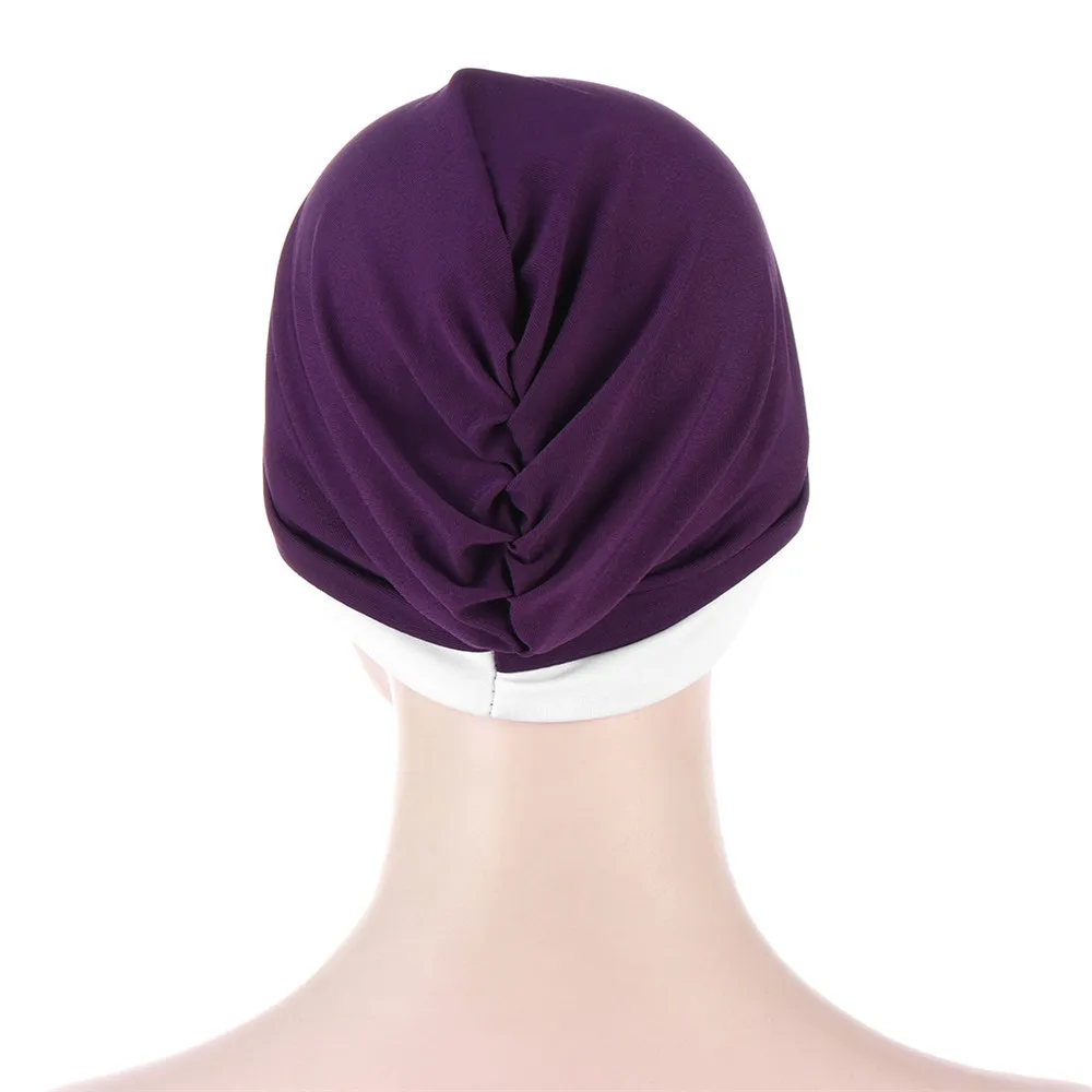 Women Stretchy Turban Hat Cross Head Wrap Hijab Cap Color Block Soft Headscarf Fashion Muslim Bonnet Hats Scarf High Quality