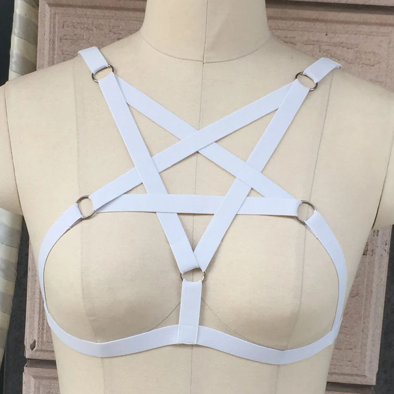 

Punk Goth Pentagram Harness Bra for Women Sexy Crop Top Body Cage Bralette Fetish Bondage Plus Size Festival Rave