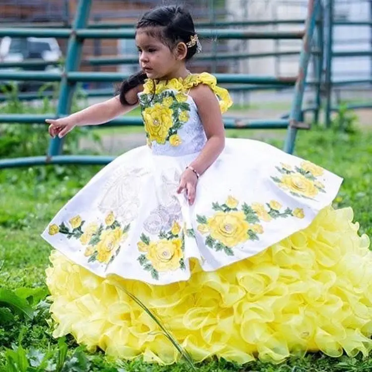 Mexican White Daffodil Flower Girls Dresses Puffy Tiered Skirt 3D Floral Lace Little Pricess Kid Birthday Communion Dress Gown