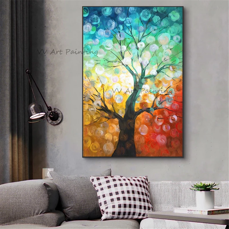 

Hand Painted Green Knife Painting Abstract Tree Oil Painting On Canvas Art Wall Adornment Pictures For Home Decor Frameless