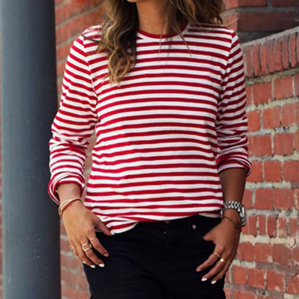 Leisure Women Red White Striped Long Sleeve T-Shirts Cotton Loose Casual Shirt Female Basic O-Neck Tops Tee Autumn Pullovers New