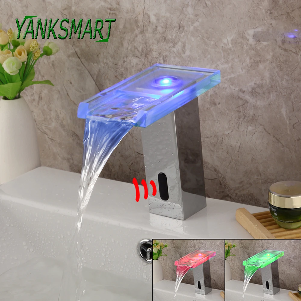 

YANKSMART LED Color Change Glass Induction Bathroom Waterfall Faucet Touch Sensor Faucets Deck Mounted Cold/Hot Water Mixer Tap