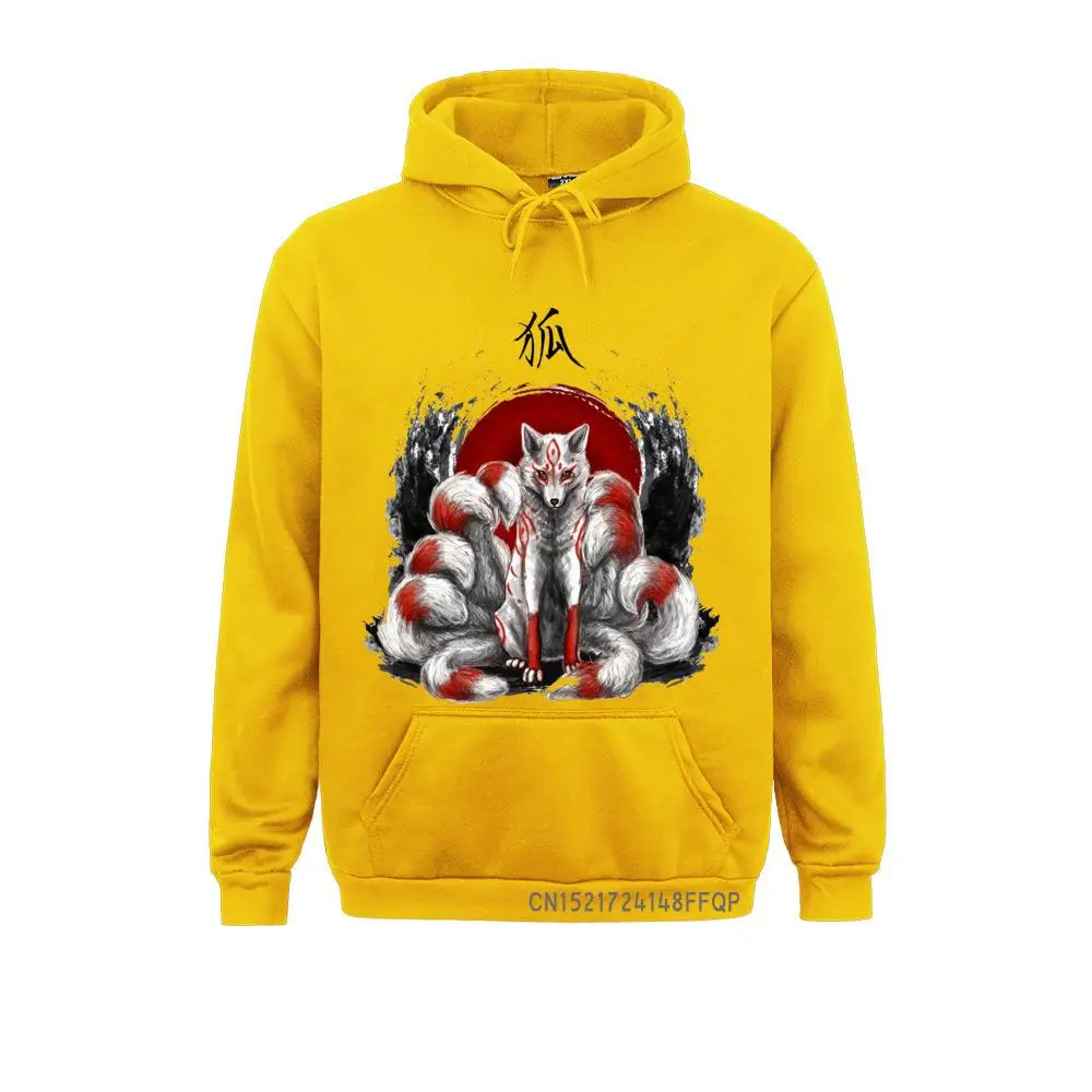 Cozy Vintage Fox Design Men Sweatshirt Japanese Nine Tailed Fox Kitsune Printed Graphic Hoodie Hipster Pocket Funny