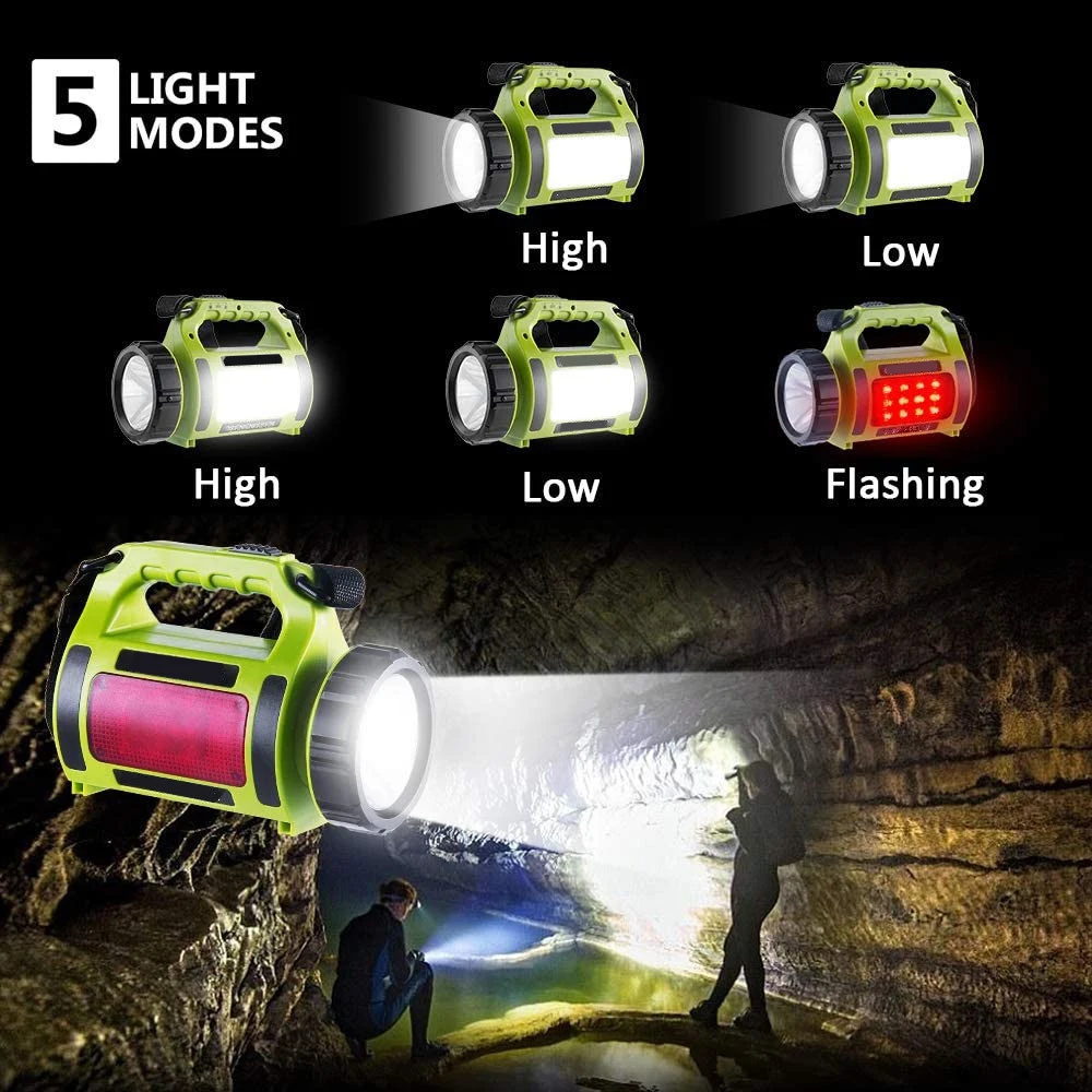 Portable LED Camping Light With 5 Modes USB Rechargeable Flashlight Power Display Red Light Warning Waterproof Searchlight Torch
