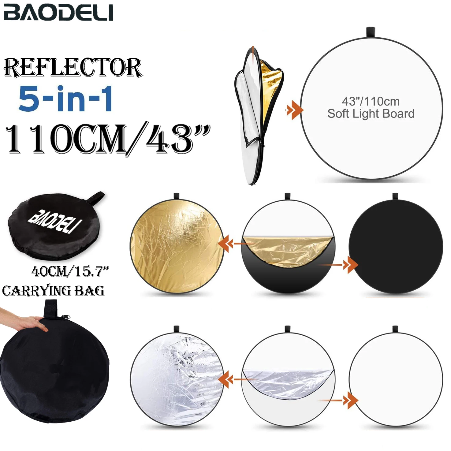 43 "110Cm 5in1 Chụp Ảnh Phản Quang Thu Gọn Di Động Ánh Sáng Khuếch Tán Tinh Dầu Tròn Ảnh Mờ Bạc Đen Trắng Vàng