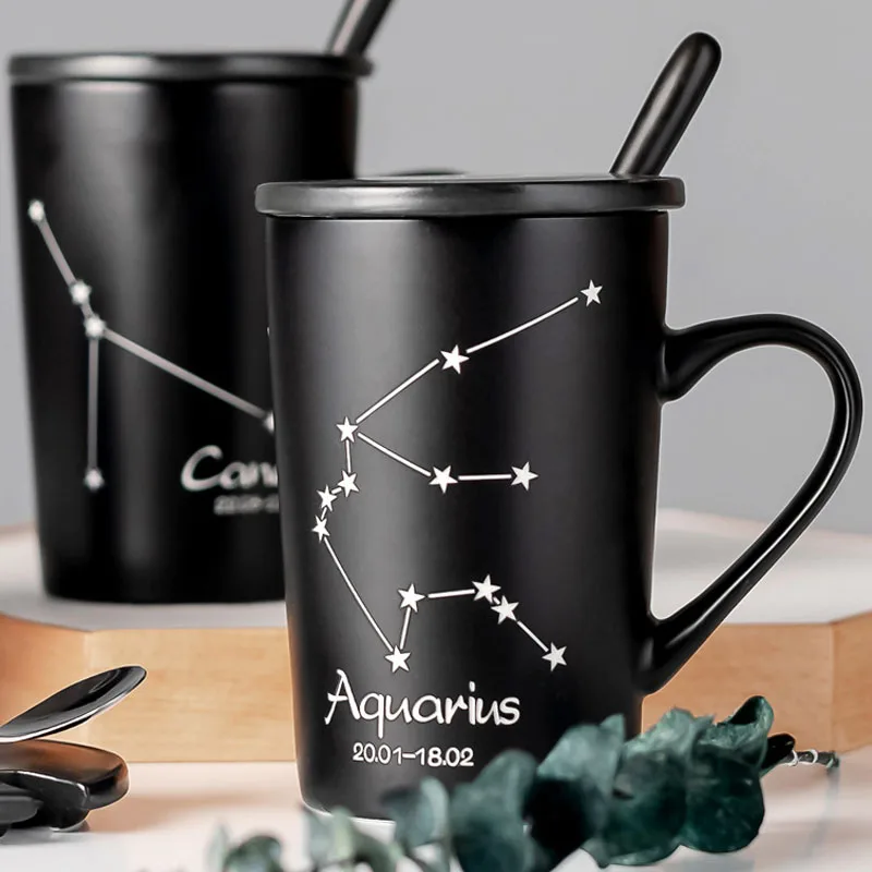

420ml Simple Twelve Constellation Coffee Drinking Cup for Men's With Lid Spoon Creative Ceramic Mug for Christmas Birthday gift