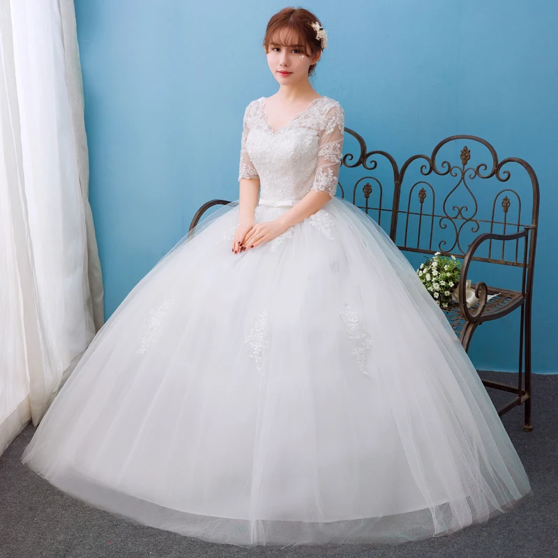 

Three Quarter Sleeve Wedding Dress Lace Princess 2024 Embroidery Long Train Wedding Gown V Neck Elegant Plus Size