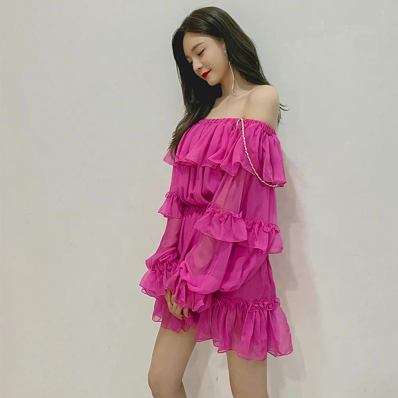 Kpop IU Seo Yea Ji Streetwear Sexy Ruffle Long Sleeve Strapless Dress Women Party Fashion High Waist Loose Backless Mini Dresses