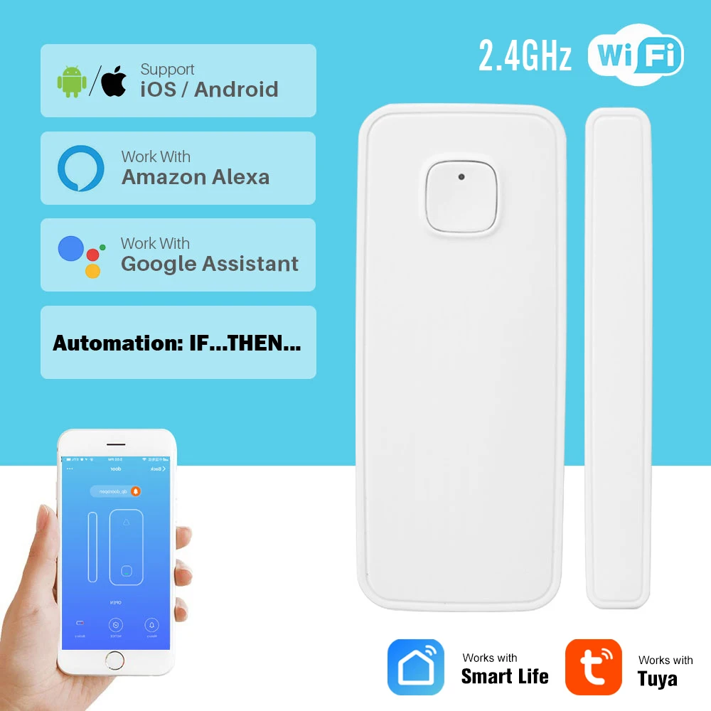 CUSAM Tuya Smart WIFI Door Window Sensor Open / Closed Detector Wireless Alarm Home Security App Works with Alexa Google Home