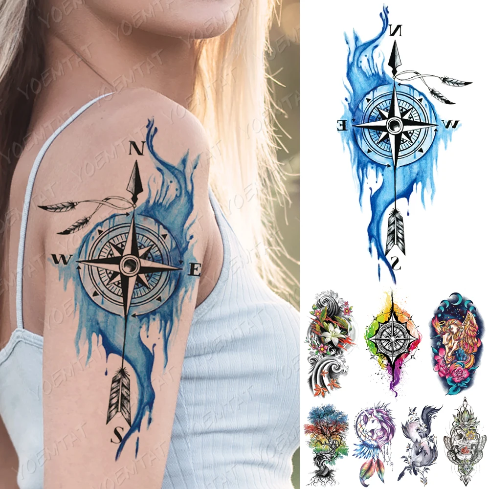 Waterproof Temporary Tattoo Sticker Blue Compass Arrow Unicorn Tattoos Tree Lily Body Art Arm Fake Sleeve Tatoo Women Men