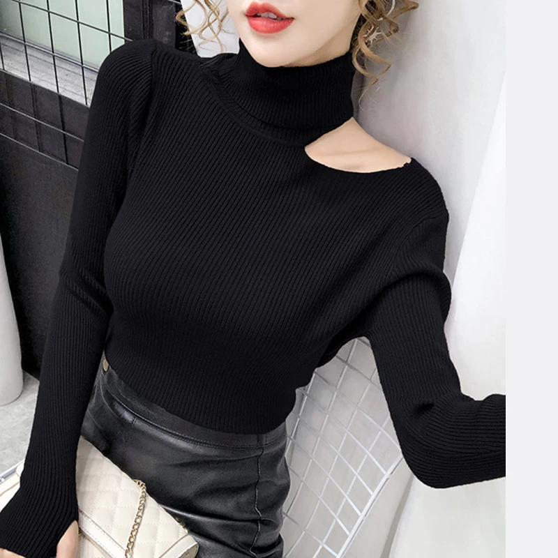 2024 Autumn Winter Thick Sweater Women Knitted Ribbed Pullover Sweater Off Shoulder Turtleneck Slim Jumper Soft Warm Pull Femme