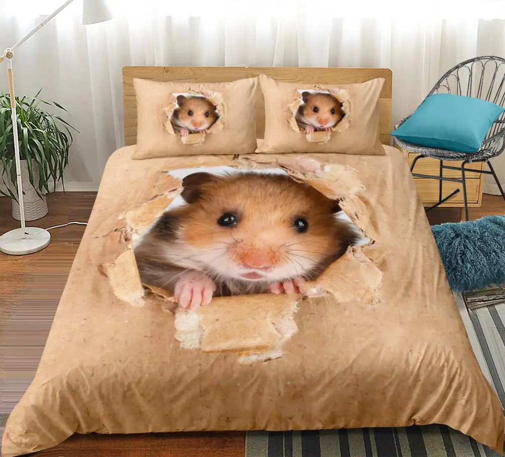 

Hamster Bedding Set Papery Printing Duvet Cover 3D Vivid Brown Mouse Bed Lovely Kids Home Textiles 3pcs