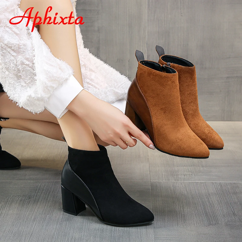 Aphixta 2022 New Mixed Color 6.5cm Square Heels Ankle Boots Women Ins Fashion Zipper Pointd Toe Big Size 44 Shoes Boots