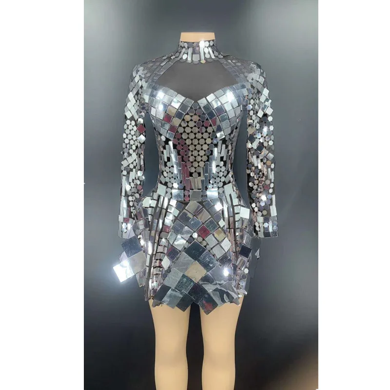 Shining Silver Mirrors Stone Dress Female Singer Dancer Bright Bodysuit Costume DJ DS Nightclub Dress Oufit Party Dresses