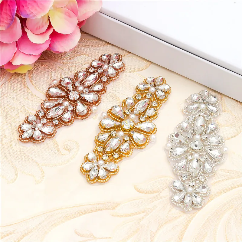 

YANSTAR 30 PCS Wholesale Hand Beaded Sewing On Rose Gold Crystal Rhinestone Applique Patch Iron On For Dresses Sash Belt YS894