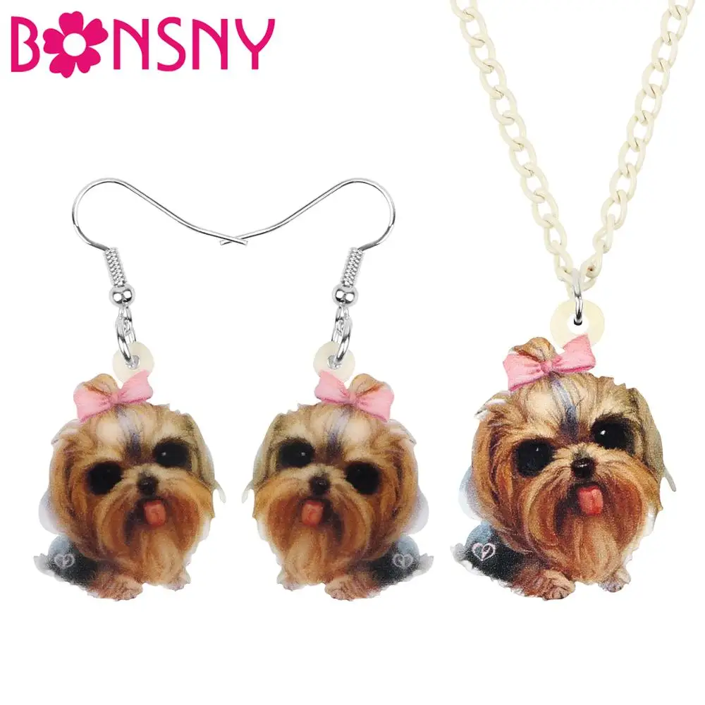 Bonsny Acrylic Bow-knot Yorkshire Dog Jewelry Sets Necklace Earrings Decoration Jewelry For Women Girls Teens Kid Gift Accessory