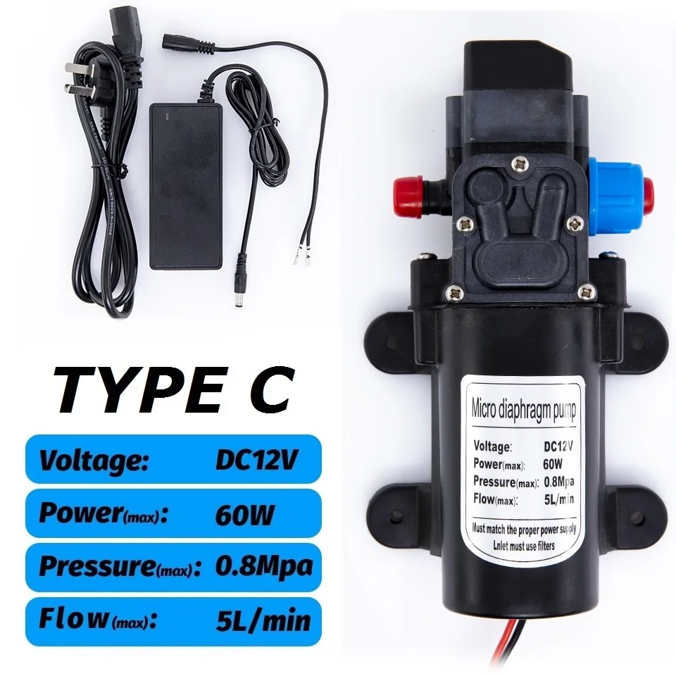 Dc 12V 60W 5L/Min Landbouw Elektrische Waterpomp Zwart Micro Hogedruk Membraanpomp Water Sproeier wasstraat