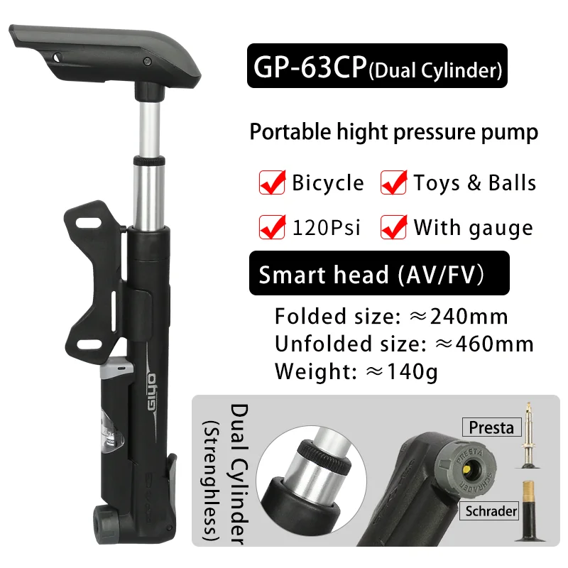 GIYO 120psi Portable Bicycle Pump with Gauge Mini Hand Cycling Air Pump Mountain Bike Smart Valve Pump Ball Toy Tire Inflator