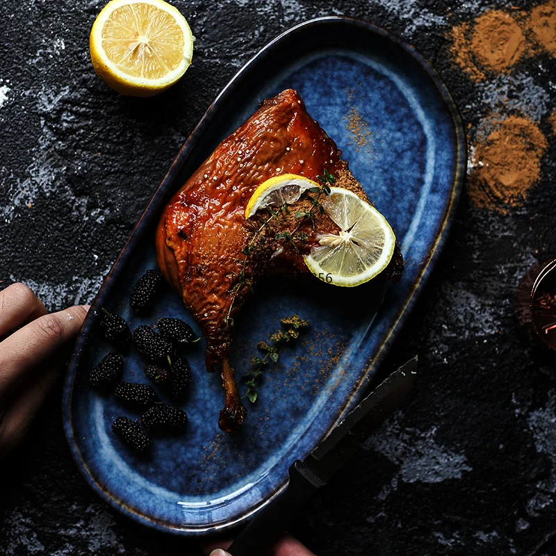 

Creative and Practical Dark Blue Ceramic Plate Oval Long Plate 12inch 900g Large Plate Fish and Chicken Wings Bar Tableware