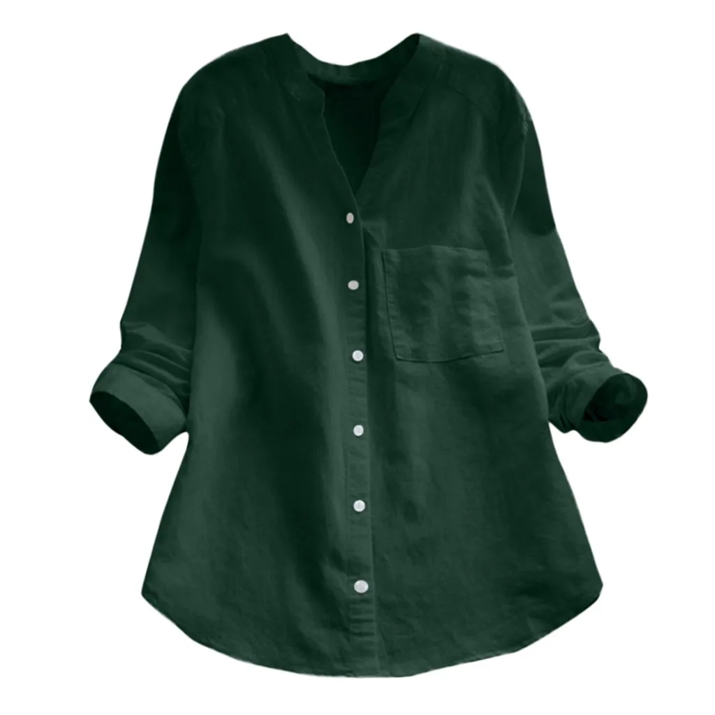 Blusa informal de lino y algodón para mujer, camisa de manga larga con botones, elegante