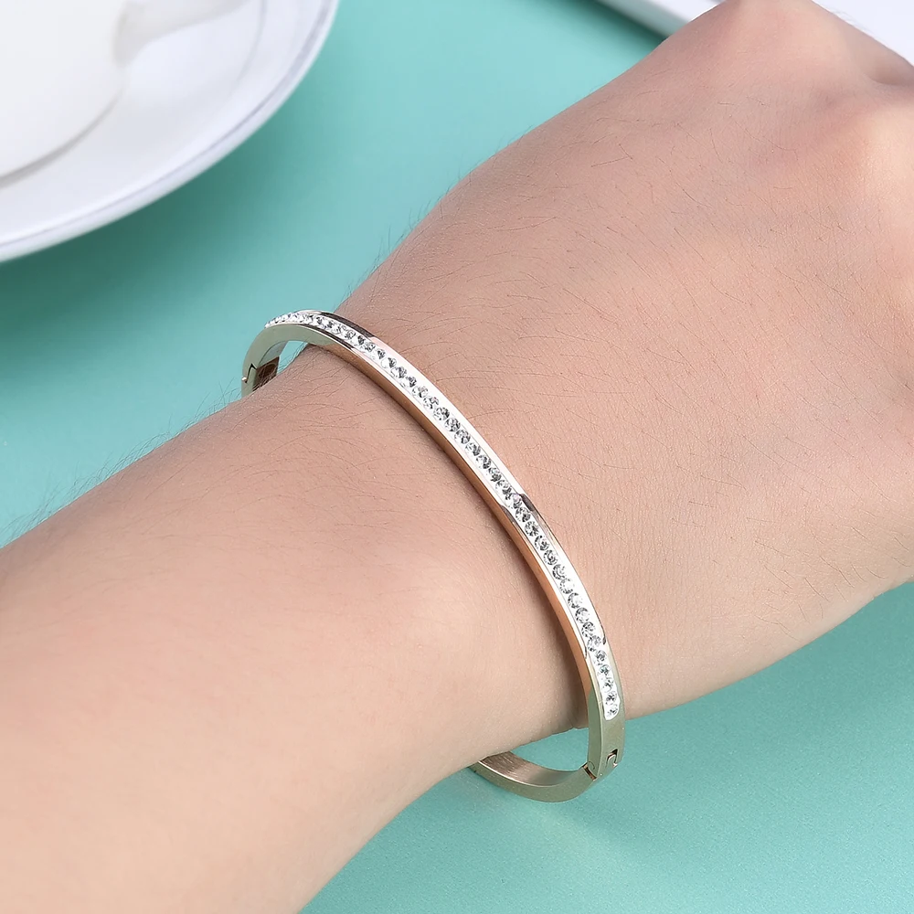 Simple Plain Design Wire Bangle Stainless Steel Pave One Row Clear Crystal With Wire Bracelets Bangles