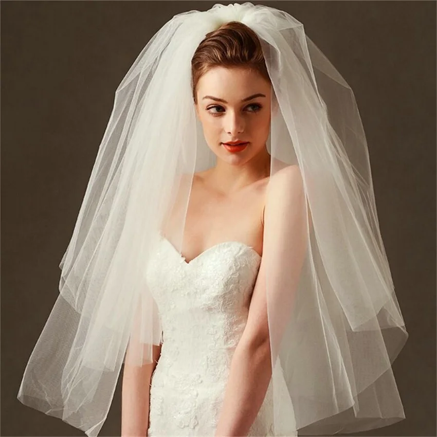 2T Short Tulle Wedding Veils Simple White Two Layers Bridal Veil Cheap Bride Accessories 75cm For Women Veils With Comb