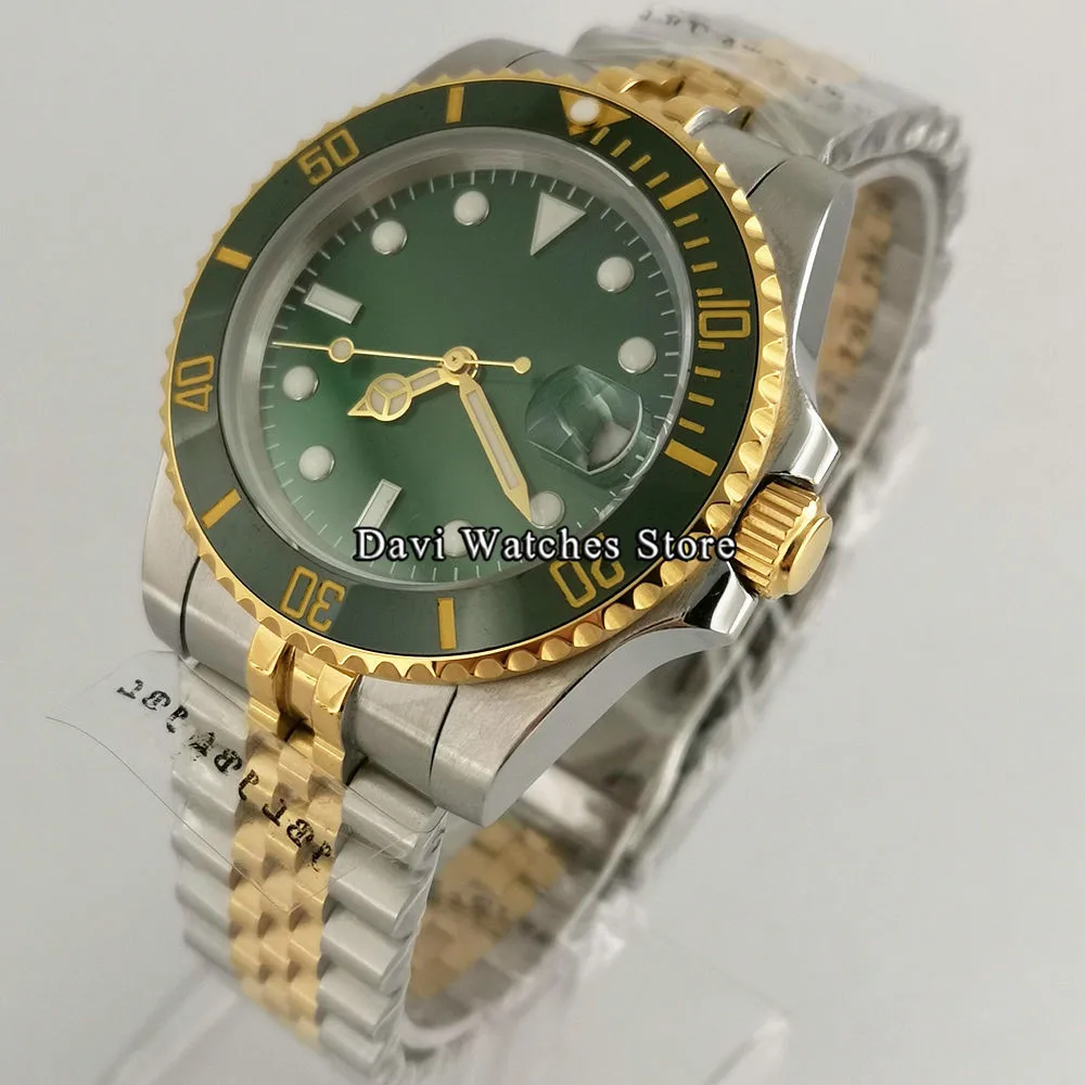 

40mm Sterile Green Dial Bezel Gold-rimmed Case Sapphire Glass 24 Jewels Japan NH35 Automatic Movement