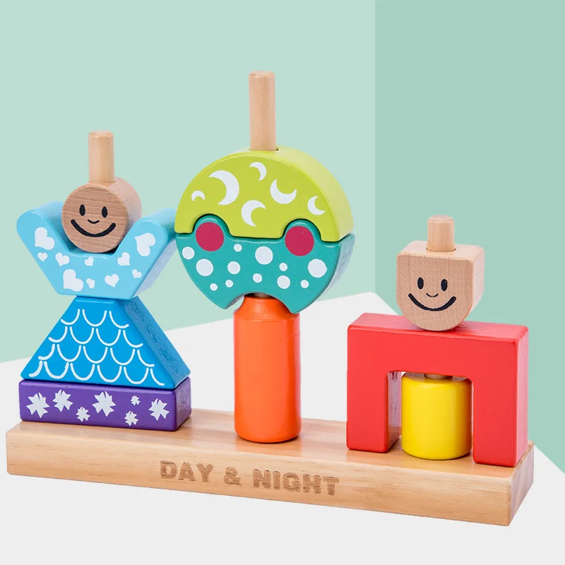 New Wooden Blocks Shape Stacking Educational Kids Toy Sun Moon Day Night Pillar Block Toy DIY Non-Toxic Environmental Protection