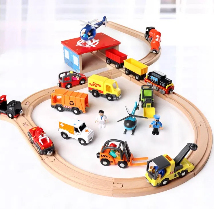 Scene train for wooden rail car accessories police car fire truck ambulance plane compatible brand rail transit toys