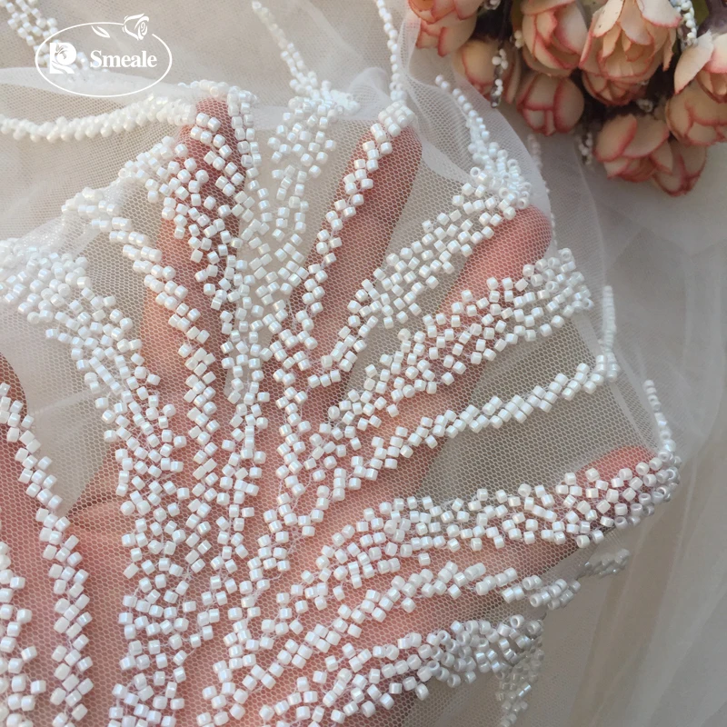 Porcelain White Nail Beads, Leaves, Flowers and Grass Lace Patch, Applique Wedding Dress Decoration, RS3047, 2Pcs, 1Pair