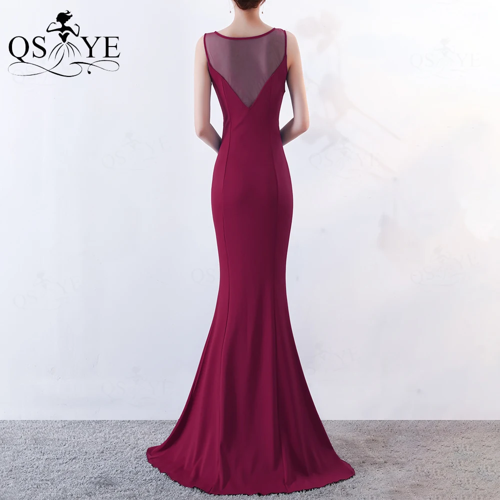 Burgundy Prom Dress Bead Lace Appliques Princess Party Gown Sleeveless Mermaid Stretchy Scoop Neck Evening Formal Dress Illusion