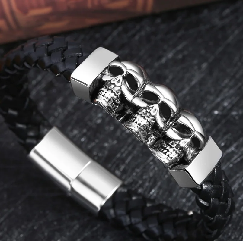 Men Skull Ghost Leather Woven Bracelet Hand Made Multilayer Leather Bracelet