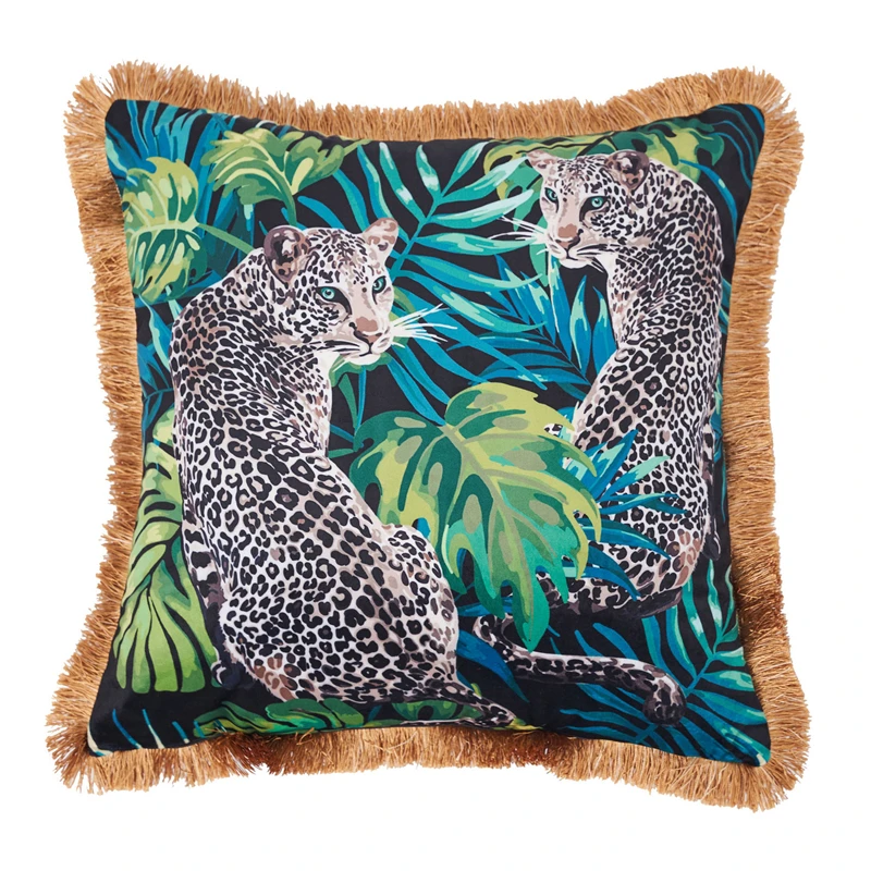 Tropical Plants Palm Leaves Velvet Cushion Cover Tassels  Animal Pattern Leopard Bird Green Pillow Case 45*45 /50*50 Home Decor