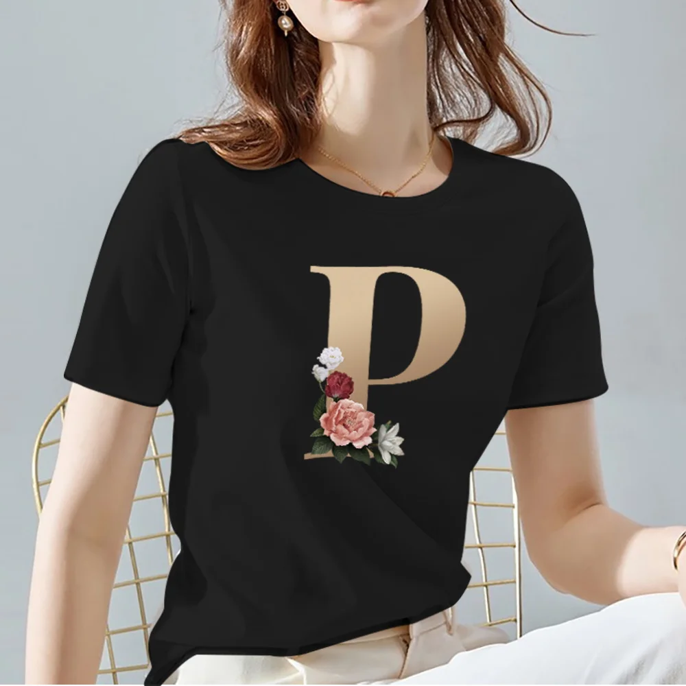 

Casual Women's O-Neck All-match Tshirts Personalized Letter Pattern Printing Series Black Short Sleeve Tops Tee Women Clothes