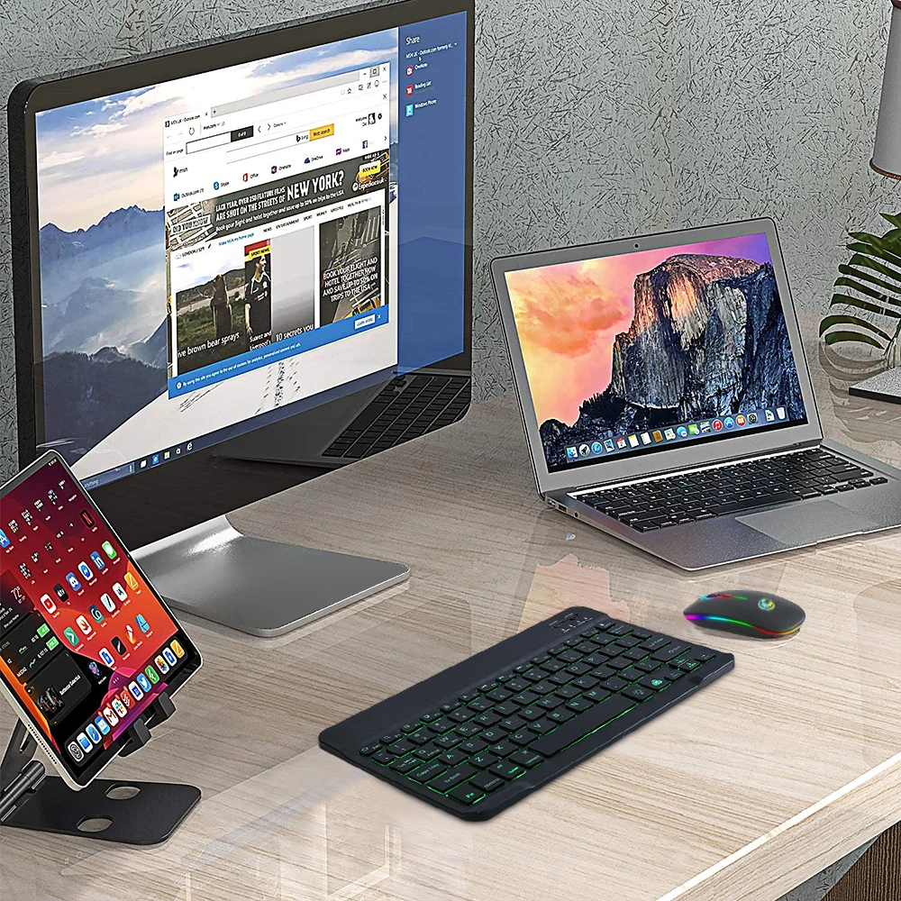 Keyboard Bluetooth LED Mini dan Mouse Keyboard Nirkabel RGB dengan Lampu Latar Mouse Keyboard Ipad Russain untuk Laptop Ponsel Tablet