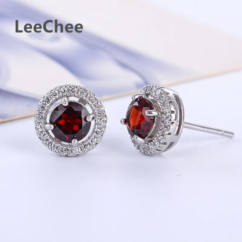 LeeChee 100% Natural Garnet Stud earrings 0.5 ct Real 925 Solid Sterling Silver jewelry wine red gemstone for women girl gift