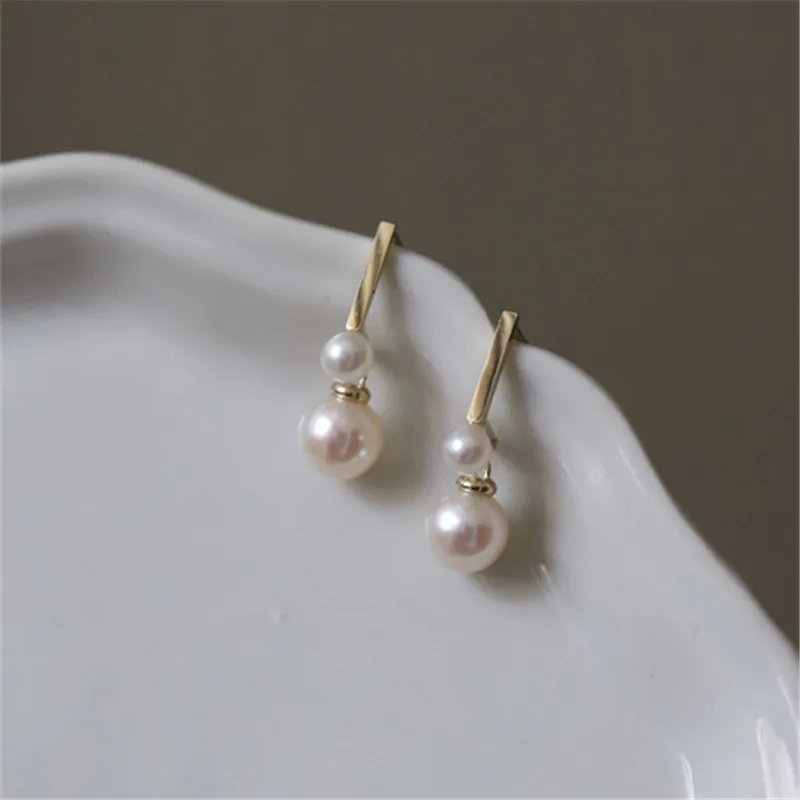 925 Sterling Silver Plating 14K Gold Two Pearl Earrings for Women Romantic Wedding Jewelry Accessories