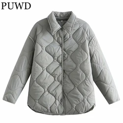 PUWD Oversized Women Solid Lapel Quilted Single-breasted Cotton Jacket 2021 Winter Casual Lightweight Parka Loose Female Outwear