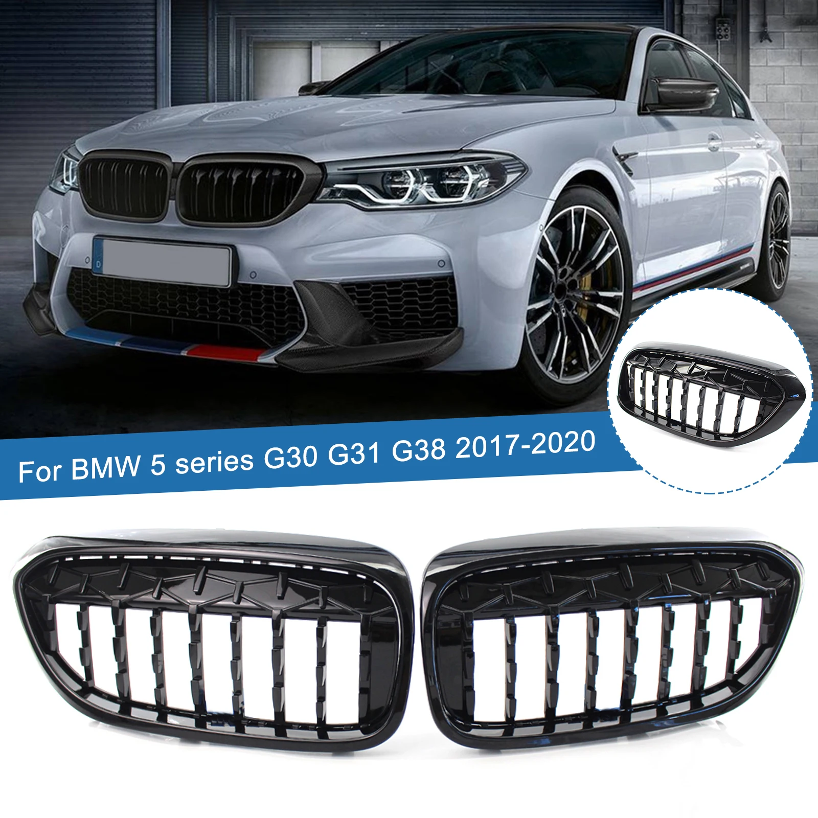 

1 Pair Glossy Black Car Diamond Star Style Racing Grille Grills Front Bumper Kidney Grill For BMW 5 series G30 G31 G38 2017-2020