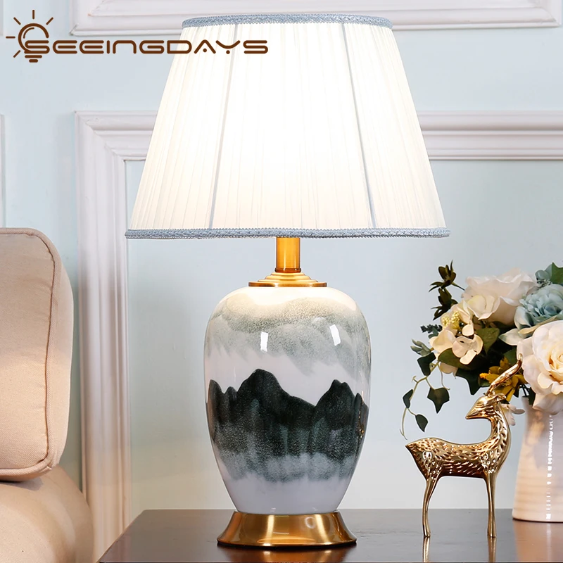 Jingdezhen New Chinese Landscape Ceramic Table Lamp for Bedroom Living Room Bedside Lamp Complex Classical Zen Bedroom Lamp