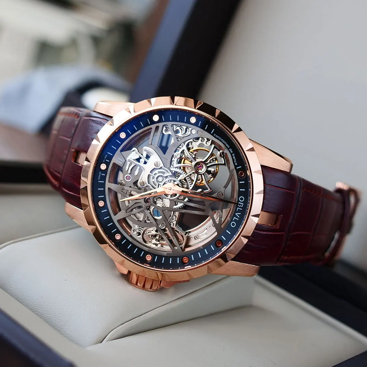 OBLVLO Top Brand Casual Watches Mens Rose Gold Skeleton Automatic Watches Genuine Leather Waterproof Relogio Masculino RM-S