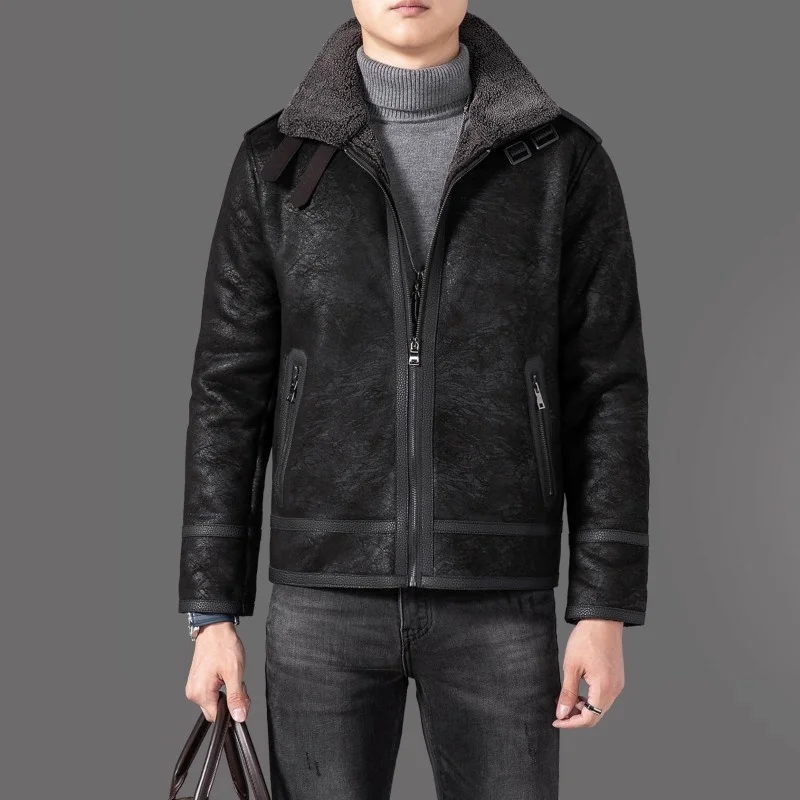 Wool Lamb Mens Slim Short Fur Collar Biker Jacket Thicken Pockets Zippers Leather Coat Winter Casual Warm Aviator Jackets