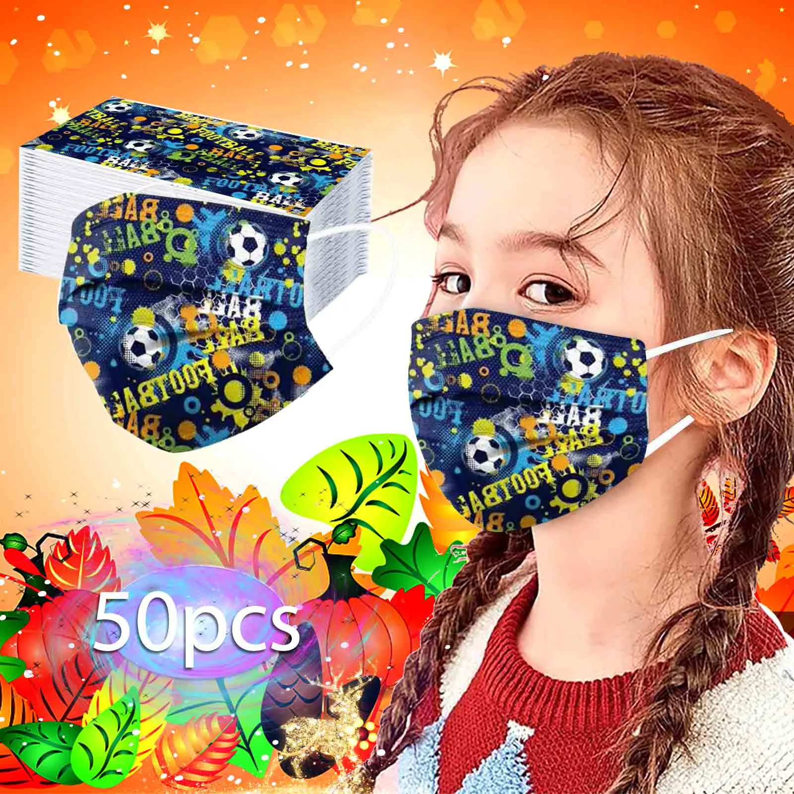 50/100pc Football Christmas Printed Children Face Mask Disposable Breathable Earloops Non-Woven Meltblown Mouth Cover Masque