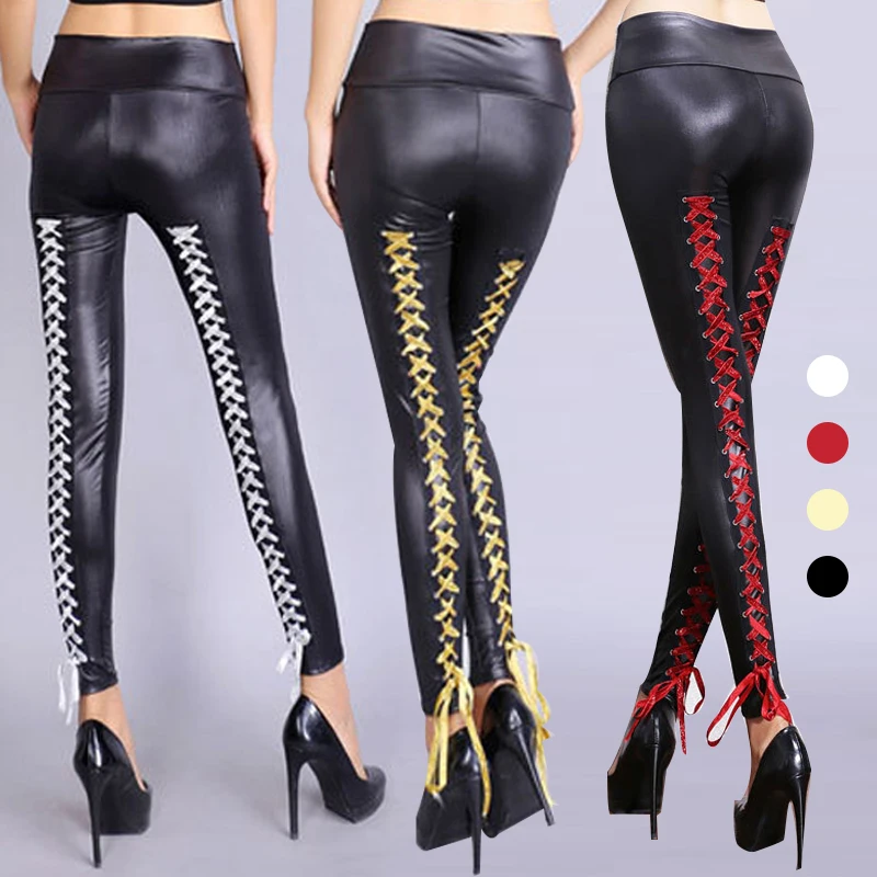 Women Sexy Lace-Up Moto Biker Leggins Faux PU Leather Leggins Autumn High Waist Trousers  Elastic Bandage Stretch Leggings